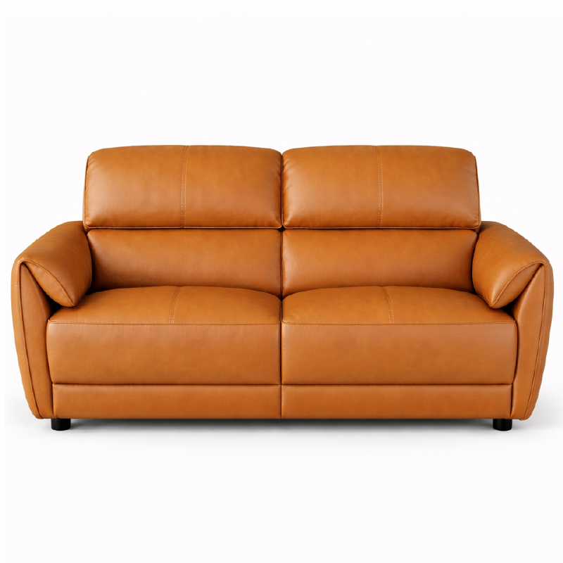 tan l shape sofa with deep cushions, supportive back panels and wide padded arms — close view showing the colour and mater...