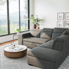 Sofa bed with storage and nested stools, with a clean profile and custom finish options