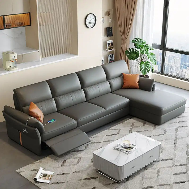 Convertible sofa bed with recliner and USB charging, available in custom sizes, colours and materials