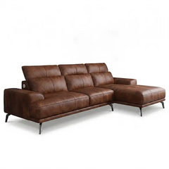 modern l shape sofa with high back cushions, slim metal legs and deep comfortable seating — room setting showing the relax...