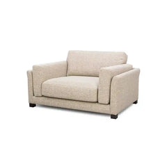modern neutral fabric sofa with wide padded arms, thick cushions and clean straight lines — room setting showing the relax...