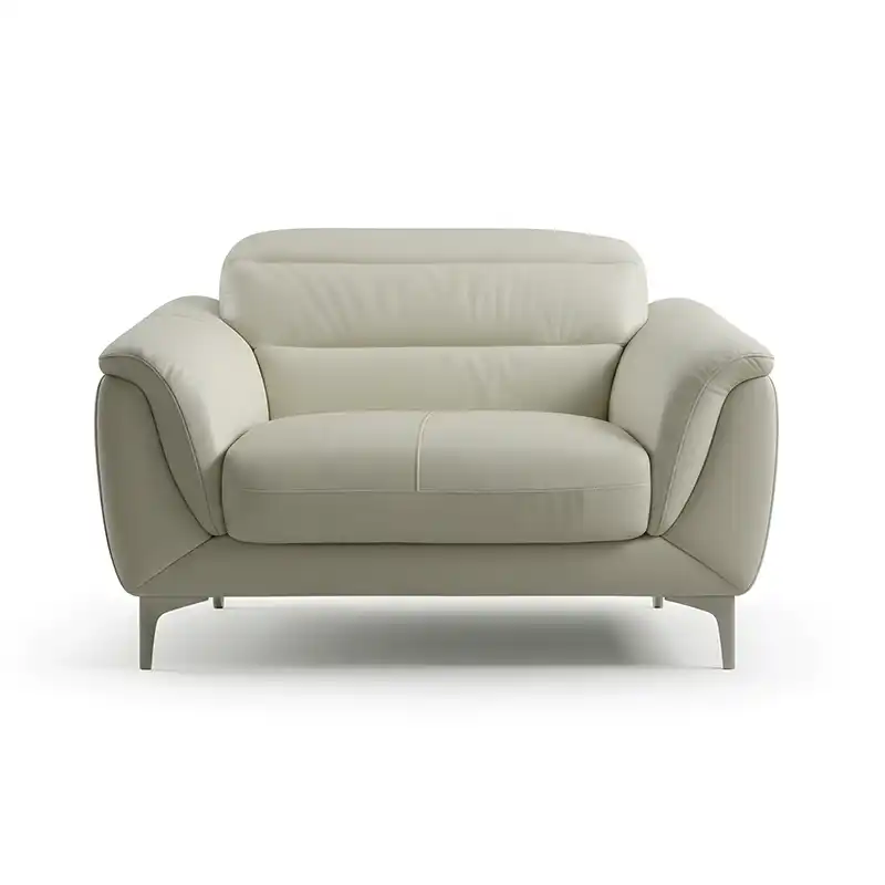 modern l shape sofa with high back cushions, soft rounded arms and slim raised legs — room setting showing the relaxed sea...