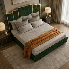 Plush bed and cot bed online with stepped headboard and matte fabric finish