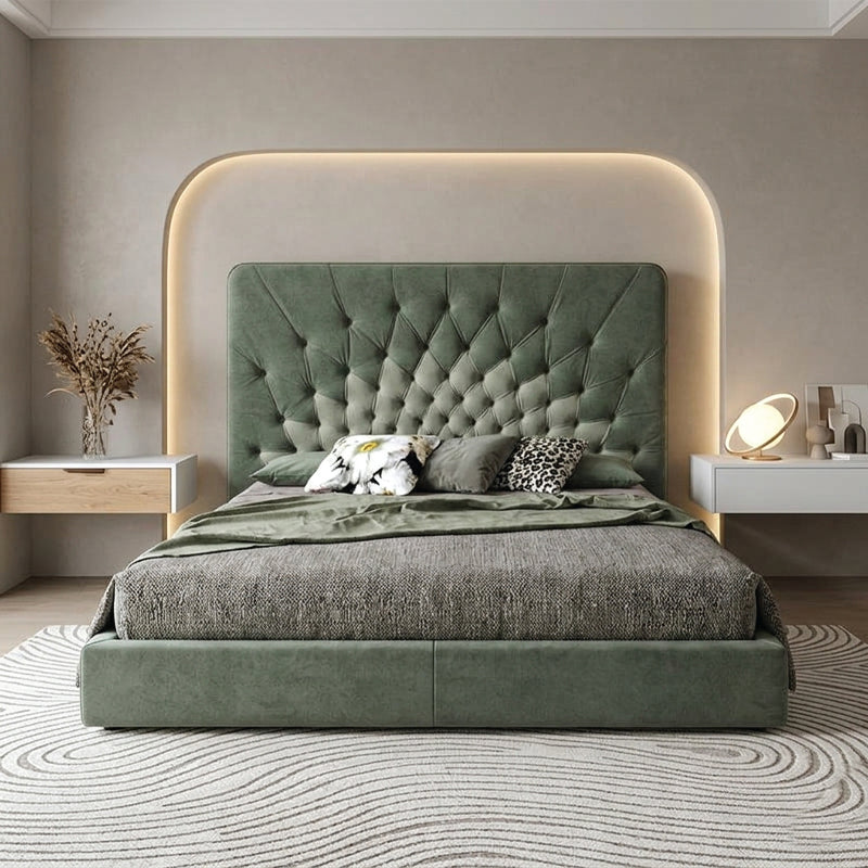 Oversized cushioned cot design bed and cot velvet finish hidden platform base