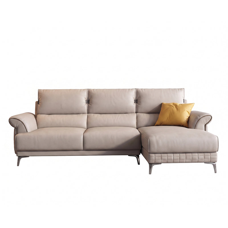 modern l shape sofa with supportive back cushions, neat side details and slim metal legs — room setting showing the relaxe...
