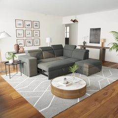 Sofa bed with storage and nested stools, with practical features for compact living spaces
