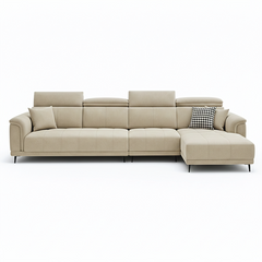 beige l shape sofa with adjustable head support, rounded arms and slim raised legs — angled view showing the full shape an...