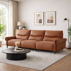 rich tan l shape sofa with smooth easy clean finish, supportive cushions and flexible layout — front view in a bright livi...