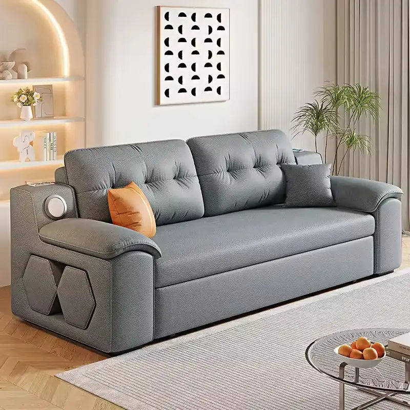 Convertible sofa bed with side shelves, with custom colour and material choices