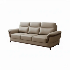 beige pure leather sofa with supportive back cushions, curved arms and refined wooden details — front view in a bright liv...