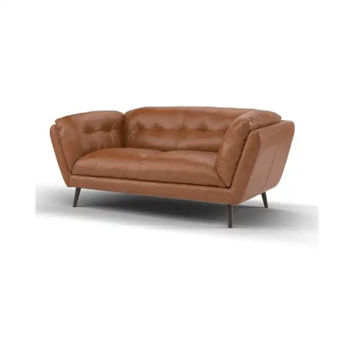 modern fabric sofa with rounded arms, soft cushions and slim raised legs — close view showing the colour and material texture