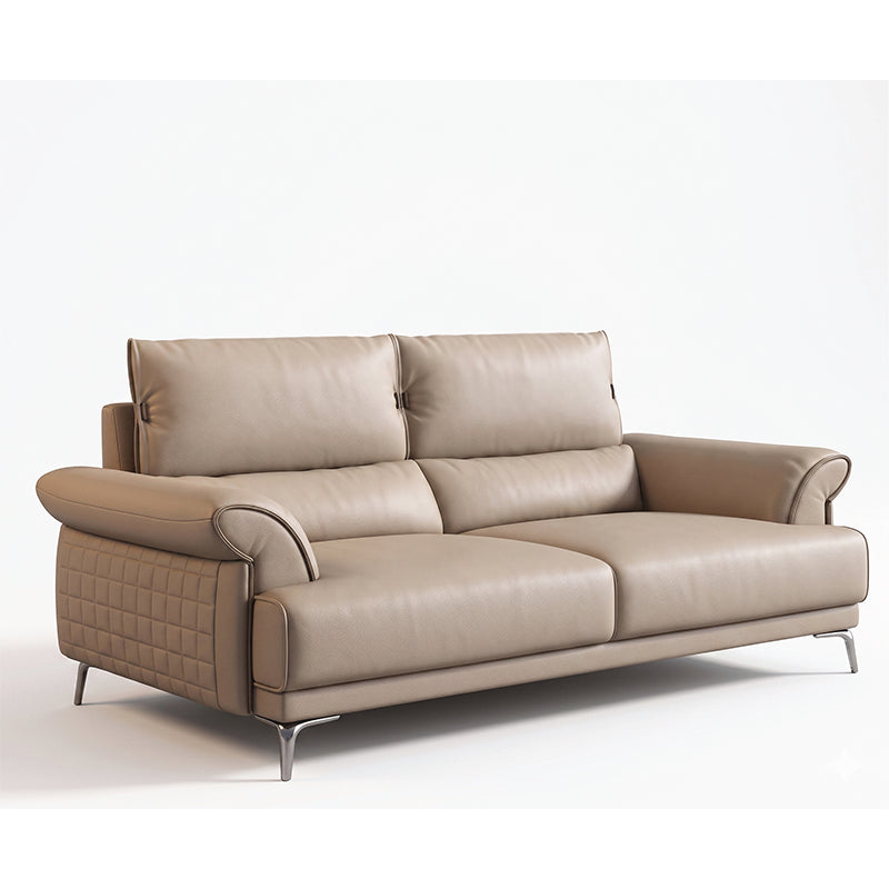 modern l shape sofa with supportive back cushions, neat side details and slim metal legs — front view in a bright living room