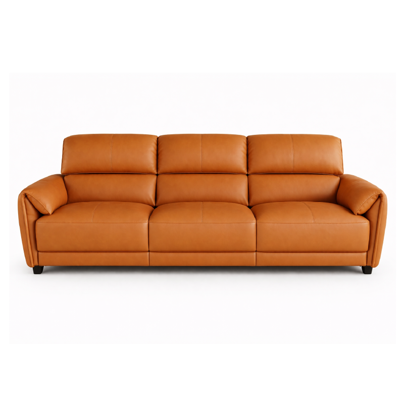 tan l shape sofa with deep cushions, supportive back panels and wide padded arms — front view in a bright living room