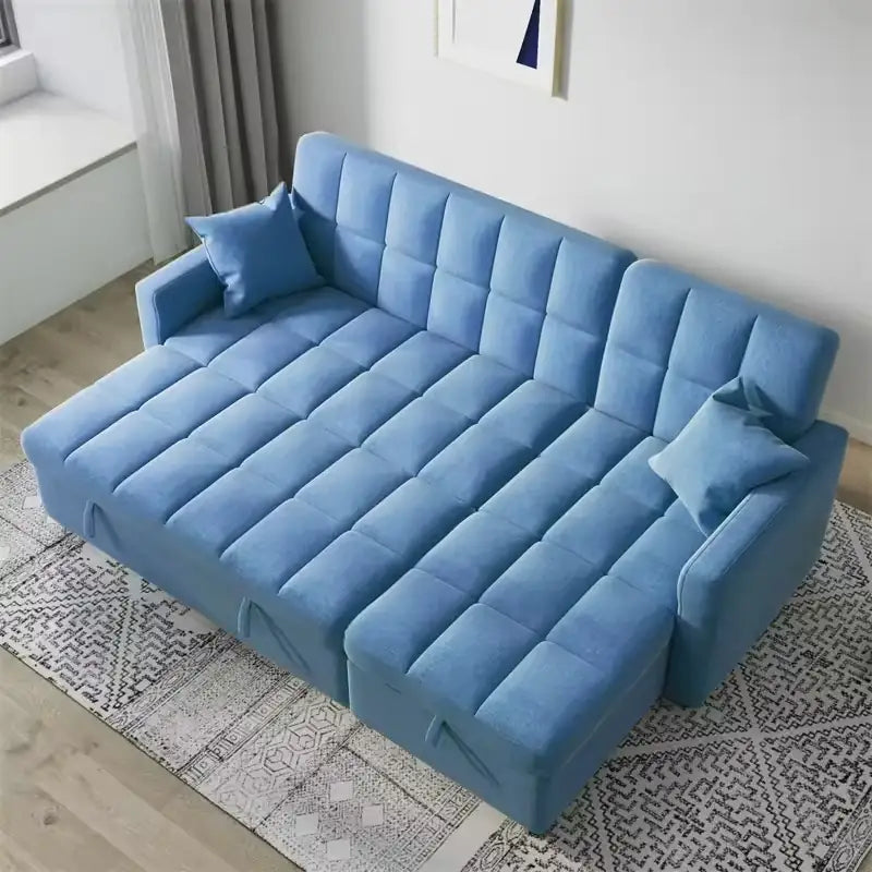 Convertible sofa bed with hidden side storage, with custom colour and material choices