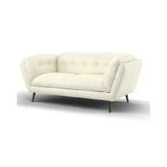 modern fabric sofa with rounded arms, soft cushions and slim raised legs — room setting showing the relaxed seating arrang...