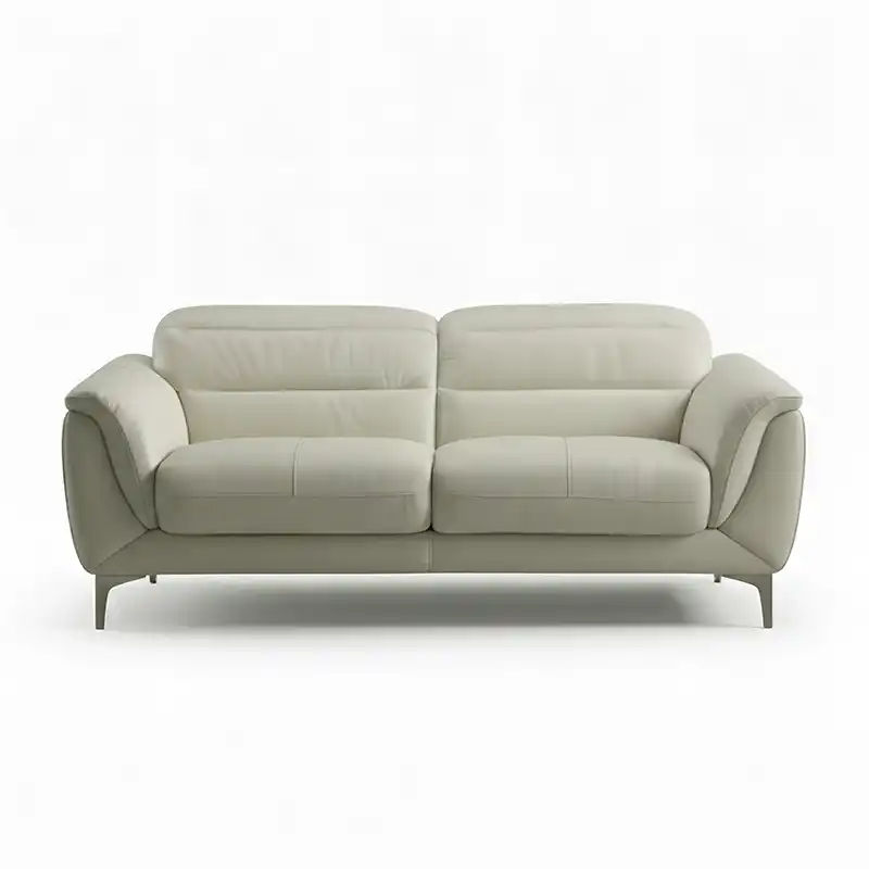 modern l shape sofa with high back cushions, soft rounded arms and slim raised legs — angled view showing the full shape a...