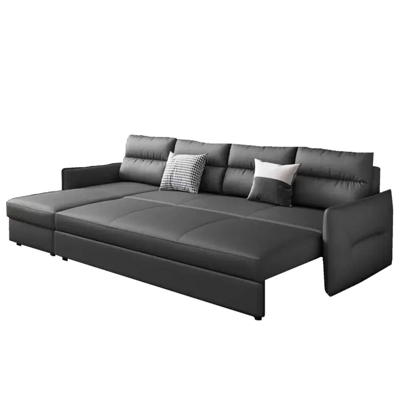 Faux leather sofa bed with hidden storage, designed for flexible day and night use