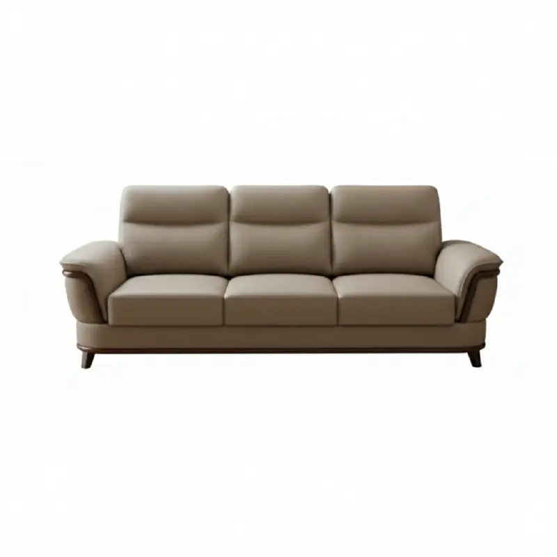 beige pure leather sofa with supportive back cushions, curved arms and refined wooden details — angled view showing the fu...
