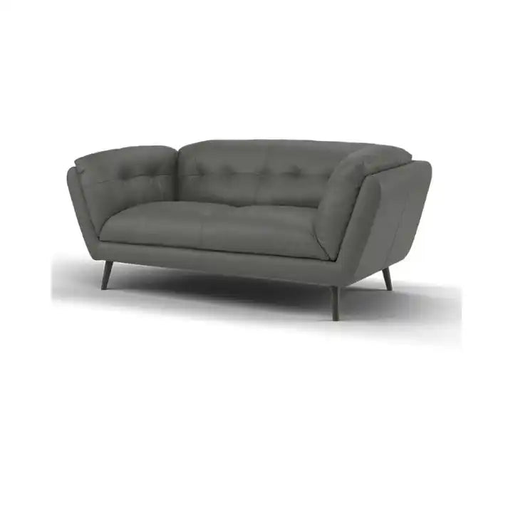 modern fabric sofa with rounded arms, soft cushions and slim raised legs — front view in a bright living room
