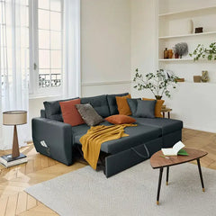 Convertible sofa bed with hidden corner storage, shown as a flexible seating and sleeping option in another custom view