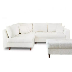 Sleeper sofa with a movable footstool, shown as a flexible seating and sleeping option in another custom view