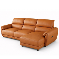 tan l shape sofa with deep cushions, supportive back panels and wide padded arms — side angle showing the arms and raised...