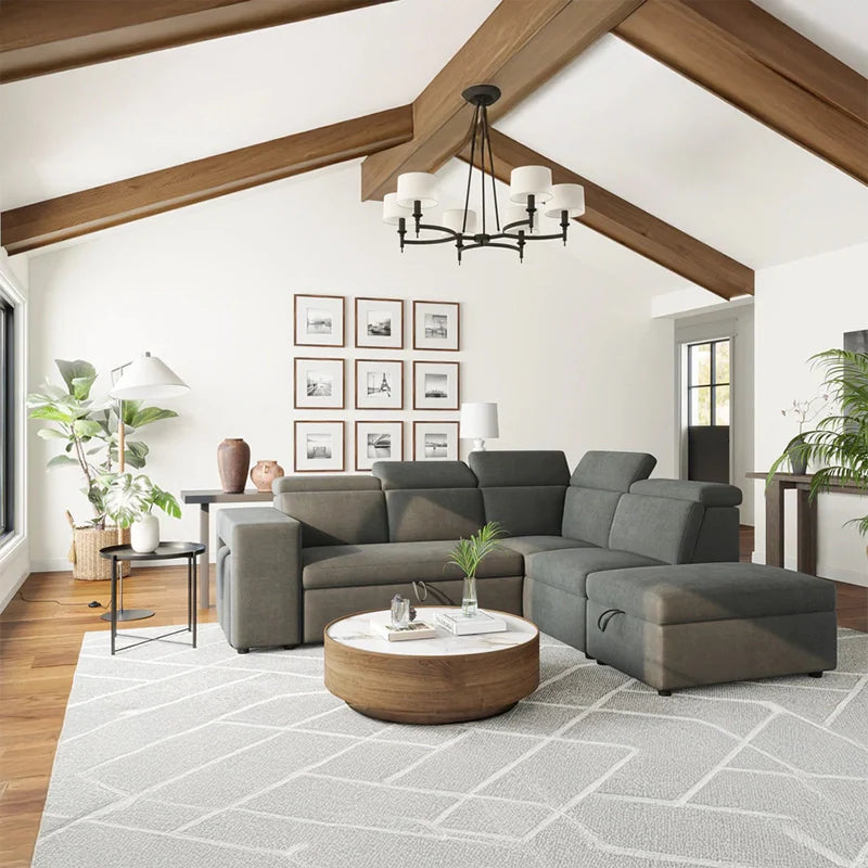 Sofa bed with storage and nested stools, with supportive cushions for everyday comfort