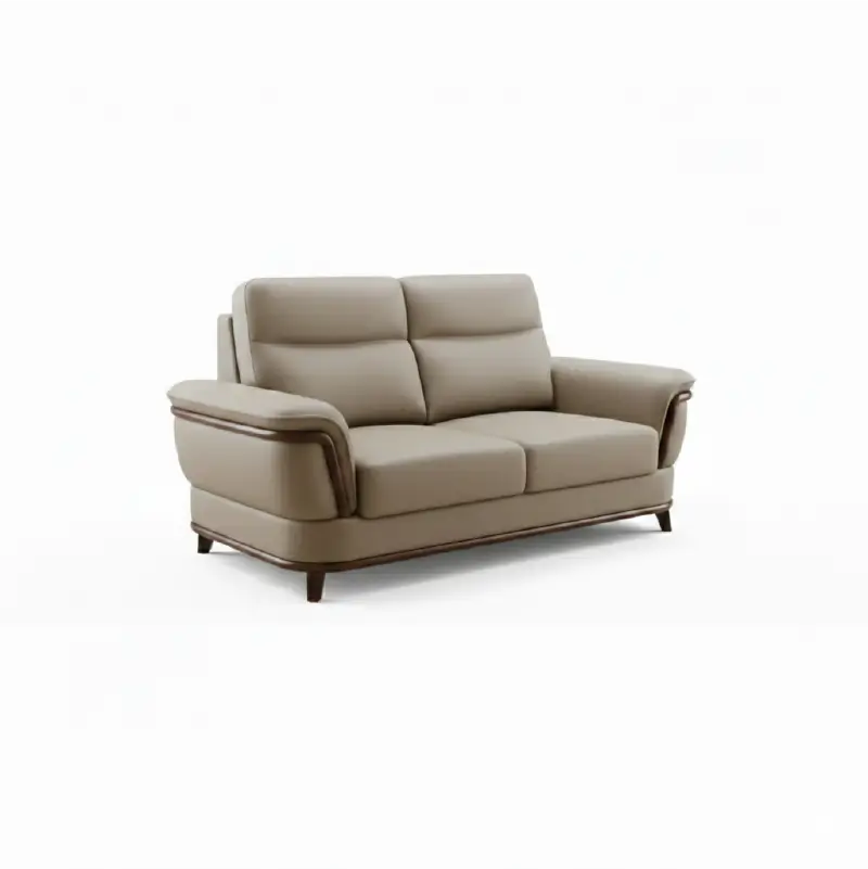 beige pure leather sofa with supportive back cushions, curved arms and refined wooden details — close view showing the cus...