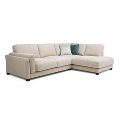 modern neutral fabric sofa with wide padded arms, thick cushions and clean straight lines — close view showing the cushion...