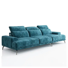 modern l shape sofa with high back cushions, slim metal legs and deep comfortable seating — close view showing the cushion...