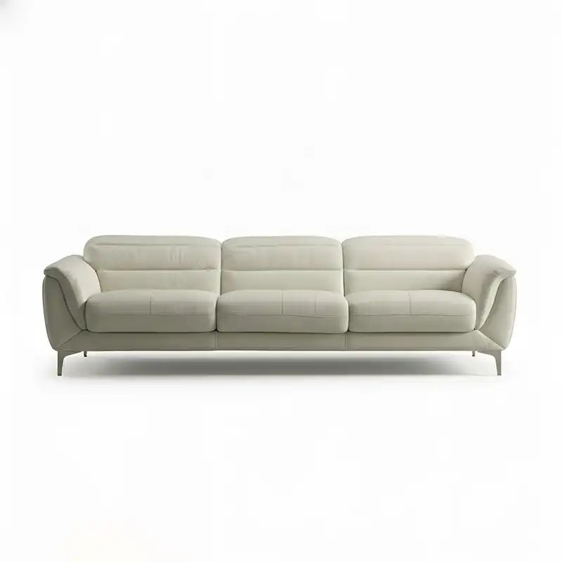 modern l shape sofa with high back cushions, soft rounded arms and slim raised legs — close view showing the cushion and s...