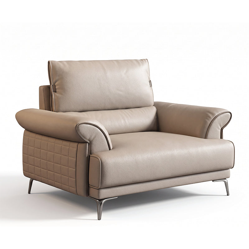 modern l shape sofa with supportive back cushions, neat side details and slim metal legs — close view showing the cushion...