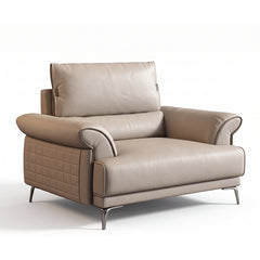 modern l shape sofa with supportive back cushions, neat side details and slim metal legs — close view showing the cushion...