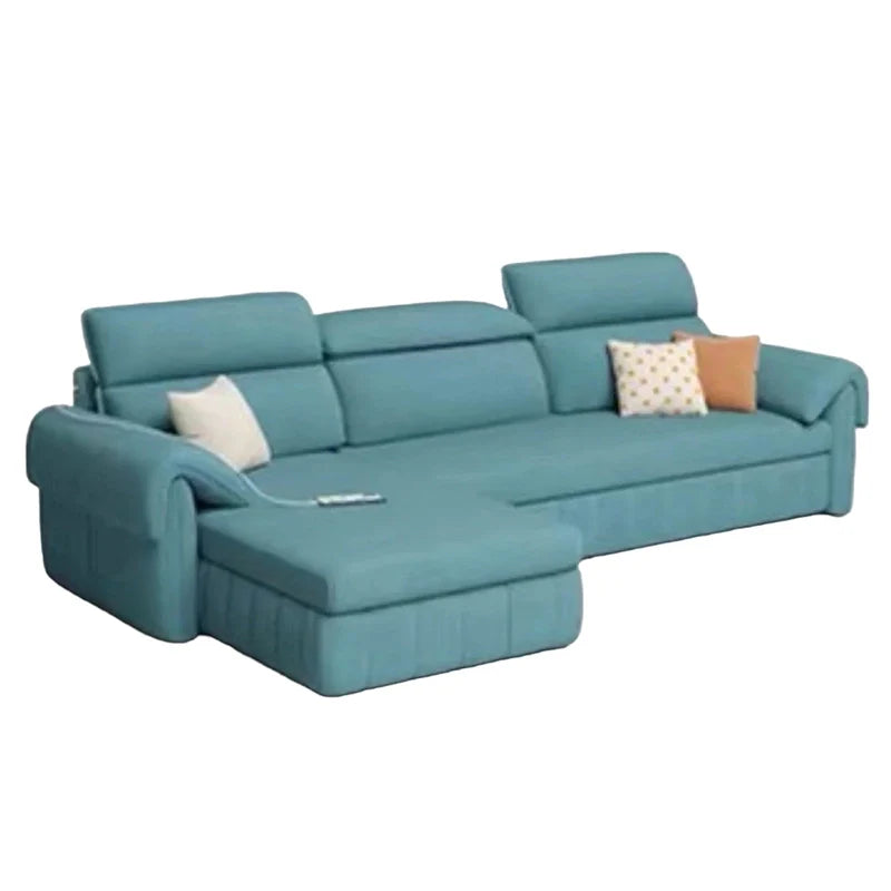L shape sofa bed with storage and USB charging, shown as a flexible seating and sleeping option in another custom view