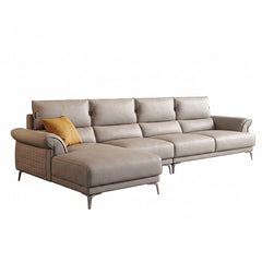 modern l shape sofa with supportive back cushions, neat side details and slim metal legs — wide room view showing the comp...