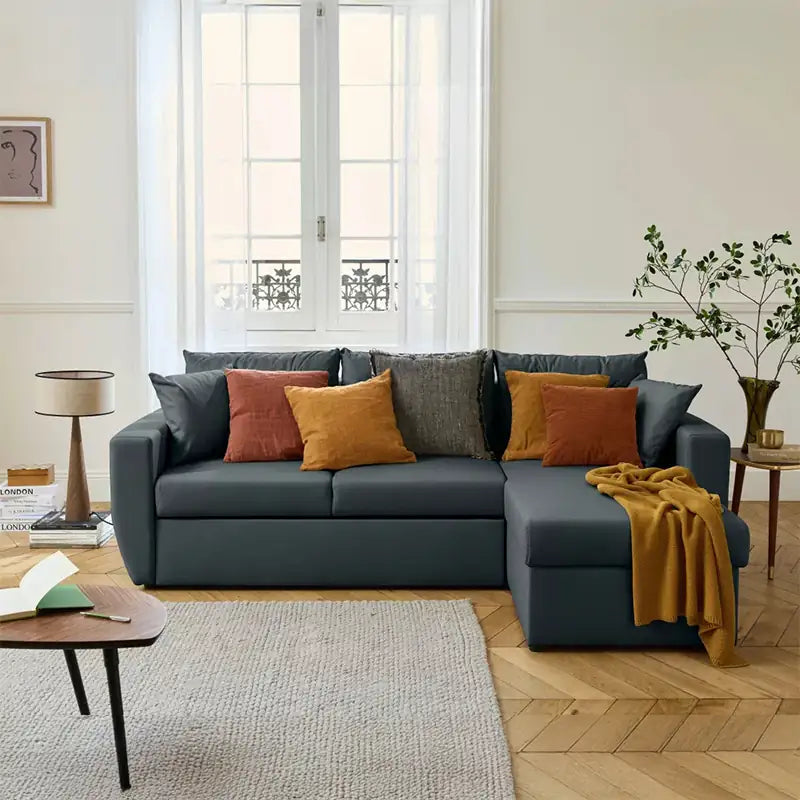 Convertible sofa bed with hidden corner storage, available in custom sizes, colours and materials in another custom view