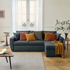 Convertible sofa bed with hidden corner storage, available in custom sizes, colours and materials in another custom view
