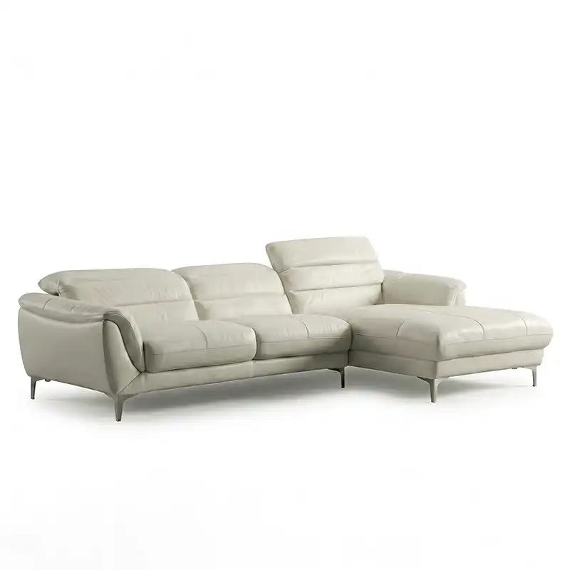 modern l shape sofa with high back cushions, soft rounded arms and slim raised legs — front angle showing the back support...