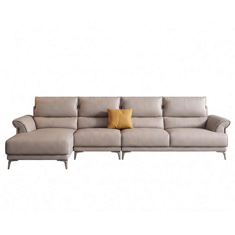 modern l shape sofa with supportive back cushions, neat side details and slim metal legs — front angle showing the back su...