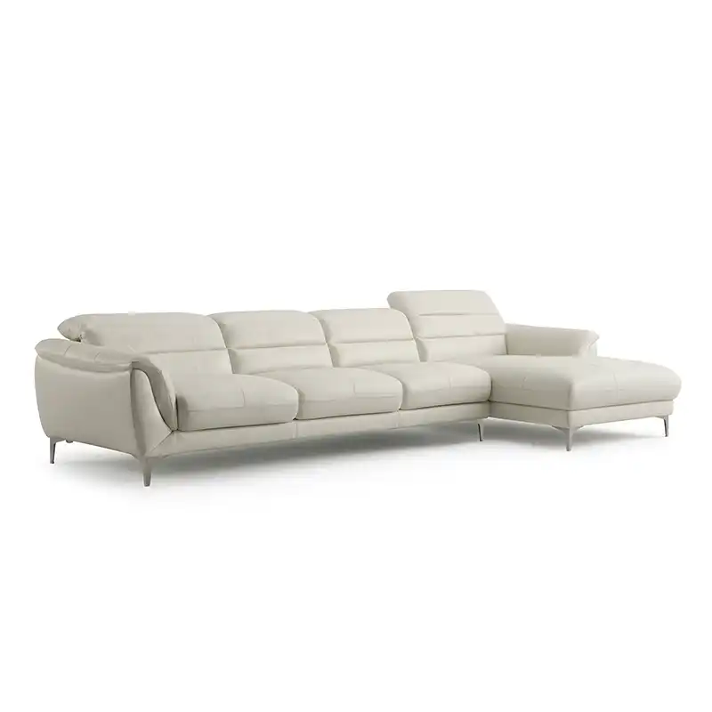 modern l shape sofa with high back cushions, soft rounded arms and slim raised legs — alternate angle showing the full dep...