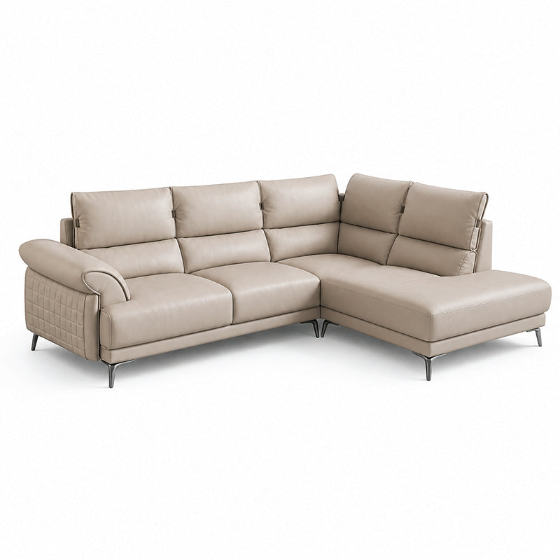 modern l shape sofa with supportive back cushions, neat side details and slim metal legs — alternate angle showing the ful...