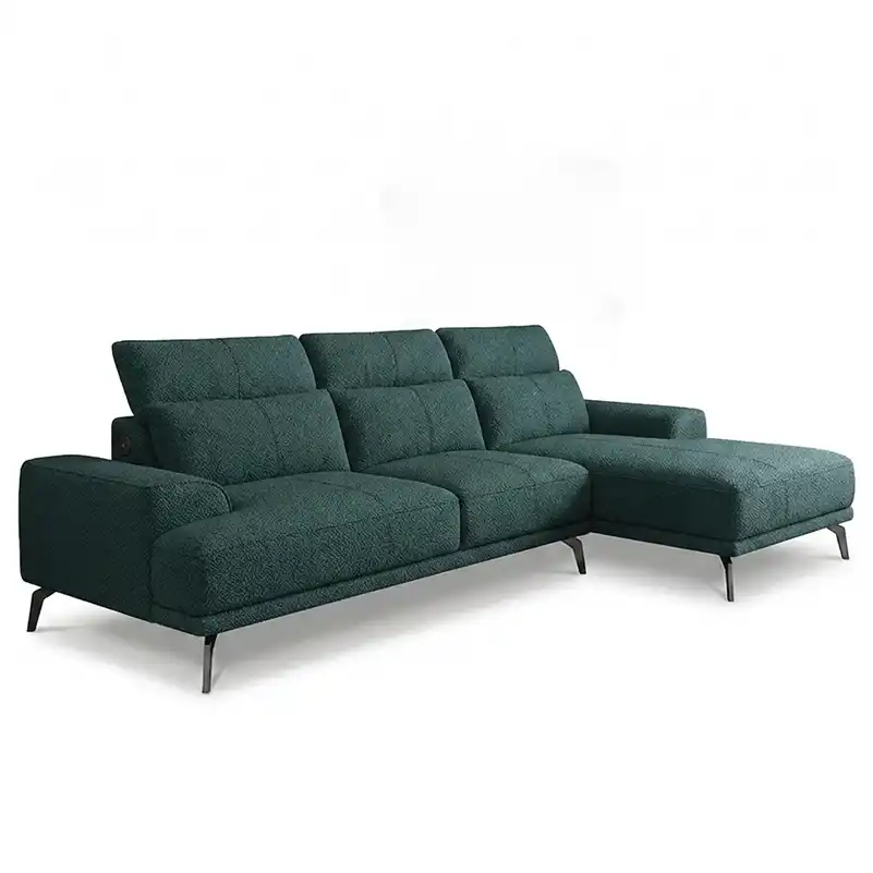 modern l shape sofa with high back cushions, slim metal legs and deep comfortable seating — full view with the complete sh...