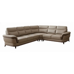 beige pure leather sofa with supportive back cushions, curved arms and refined wooden details — full view with the complet...
