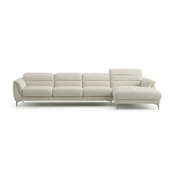modern l shape sofa with high back cushions, soft rounded arms and slim raised legs — full view with the complete shape cl...