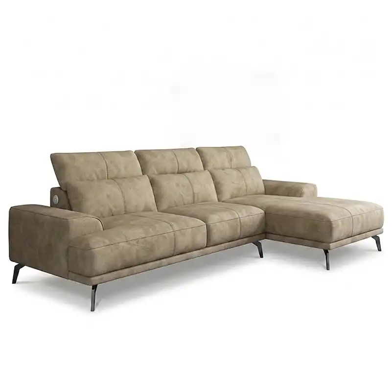 modern l shape sofa with high back cushions, slim metal legs and deep comfortable seating — close view showing the colour...
