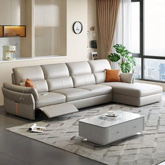Convertible sofa bed with recliner and USB charging, shown as a flexible seating and sleeping option