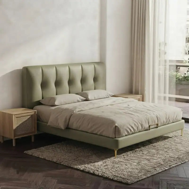Tesia upholstered bed with king size bed comfort, hydraulic storage bed functionality, tall channel tufted headboard and elegant master bedroom styling