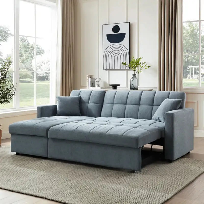 Convertible sofa bed with hidden side storage, shown as a flexible seating and sleeping option