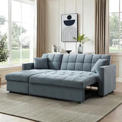 Convertible sofa bed with hidden side storage, shown as a flexible seating and sleeping option
