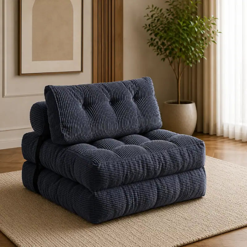 Folding sofa bed in soft ribbed fabric, shown as a flexible seating and sleeping option